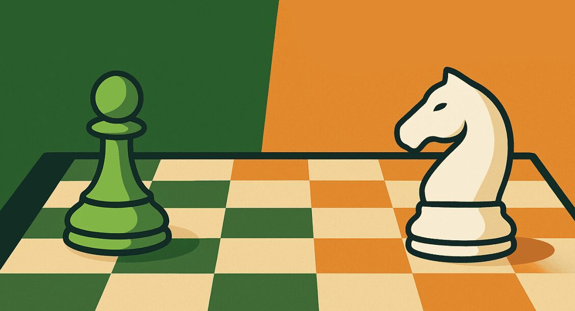 Pion et cavalier d'échecs face à face sur un échiquier