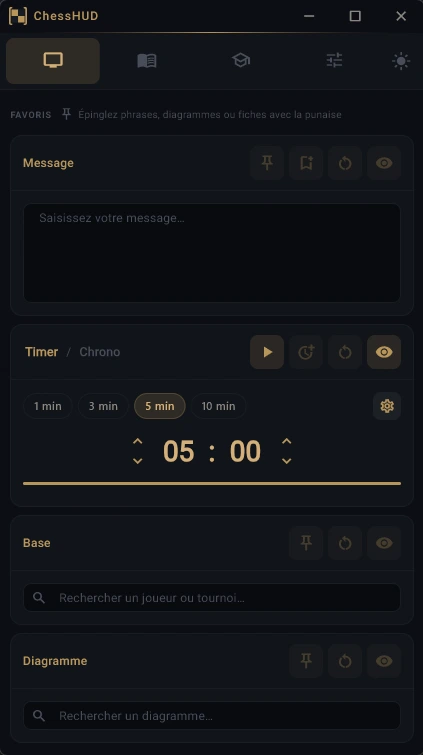 ChessHUD 3 Panneau de contrôle de ChessHUD : Message, Timer, Base et Diagramme