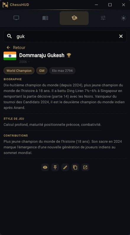 ChessHUD 5 Fiche joueur de ChessHUD : Dommaraju Gukesh