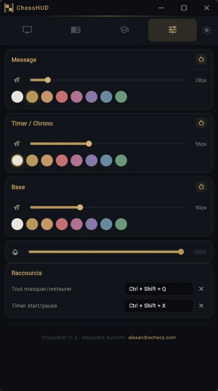 ChessHUD 6 Réglages de ChessHUD : tailles, couleurs, opacité et raccourcis