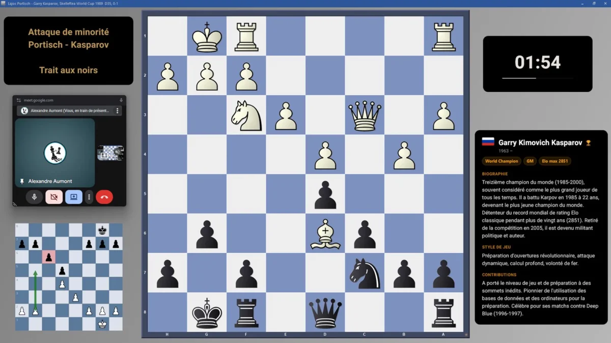Les quatre overlays de ChessHUD affichés pendant un cours d'échecs en visioconférence